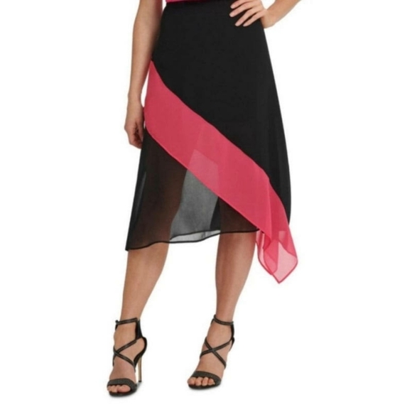 🆕 DKNY Black & Hot Pink Punk Semi-sheer Asymmetrical Midi Skirt_XS - Picture 1 of 15
